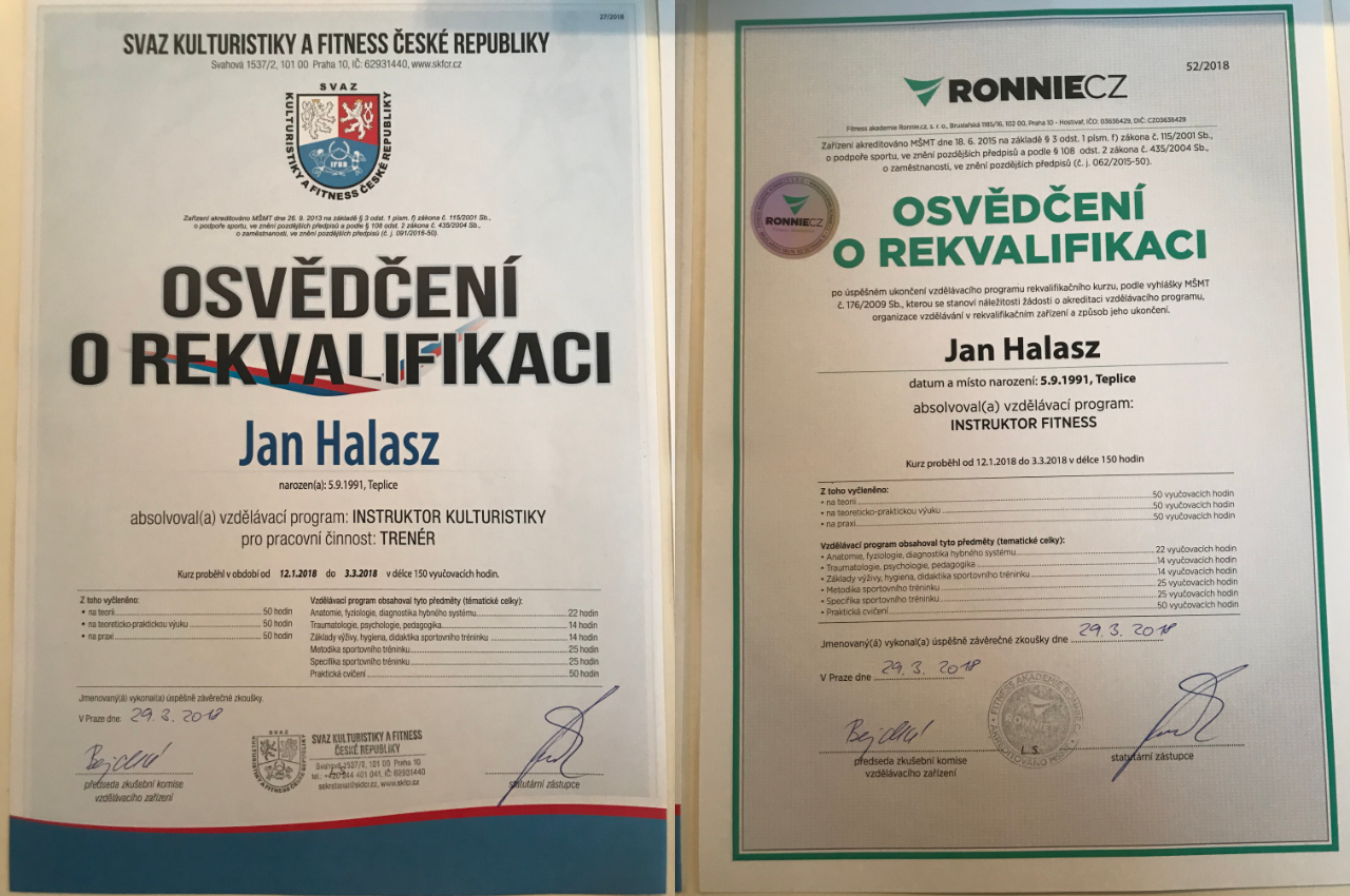 Certifikáty - fitness trenér Jan Halasz od Ronnie.cz